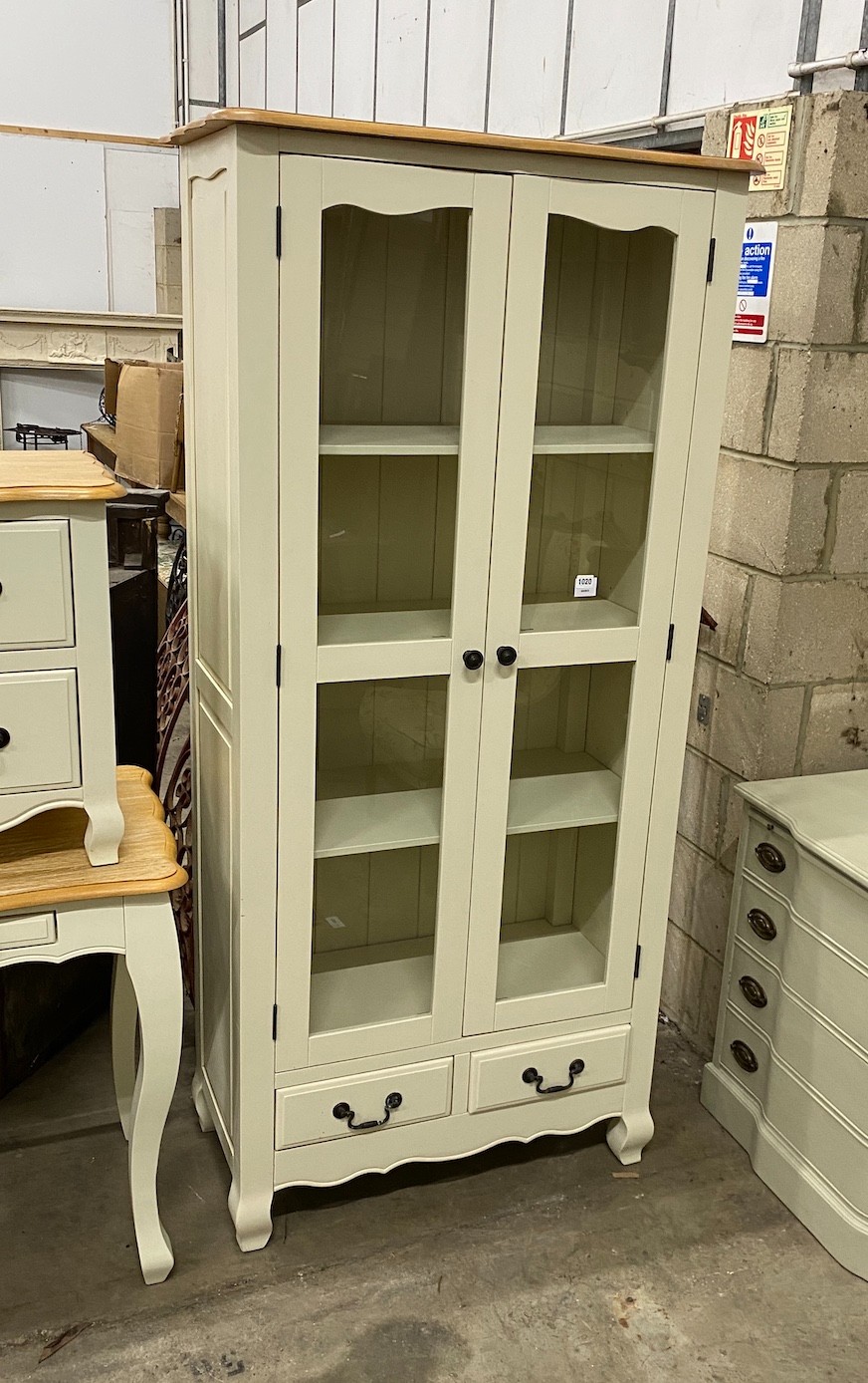 An oak and eau de nil painted glazed cabinet, width 90cm height 190cm